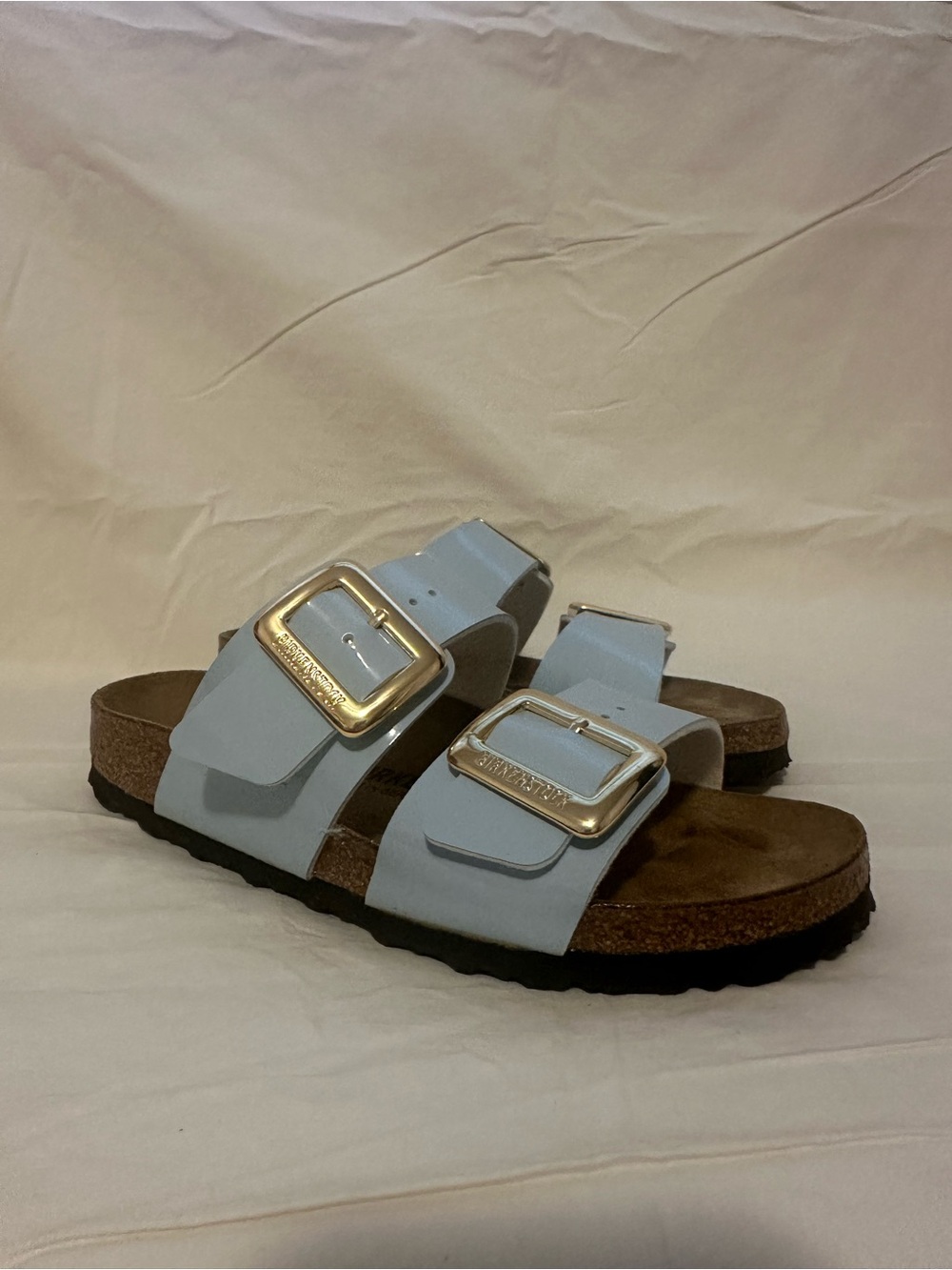 Birkenstock Light Blue Double Strap Sandals with Gold Buckles - Picture 3 of 6
